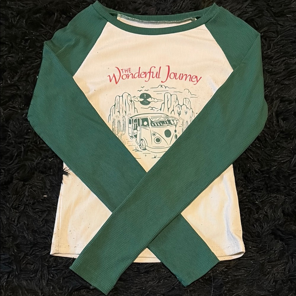 Green and White Long Sleeve Graphic Tee